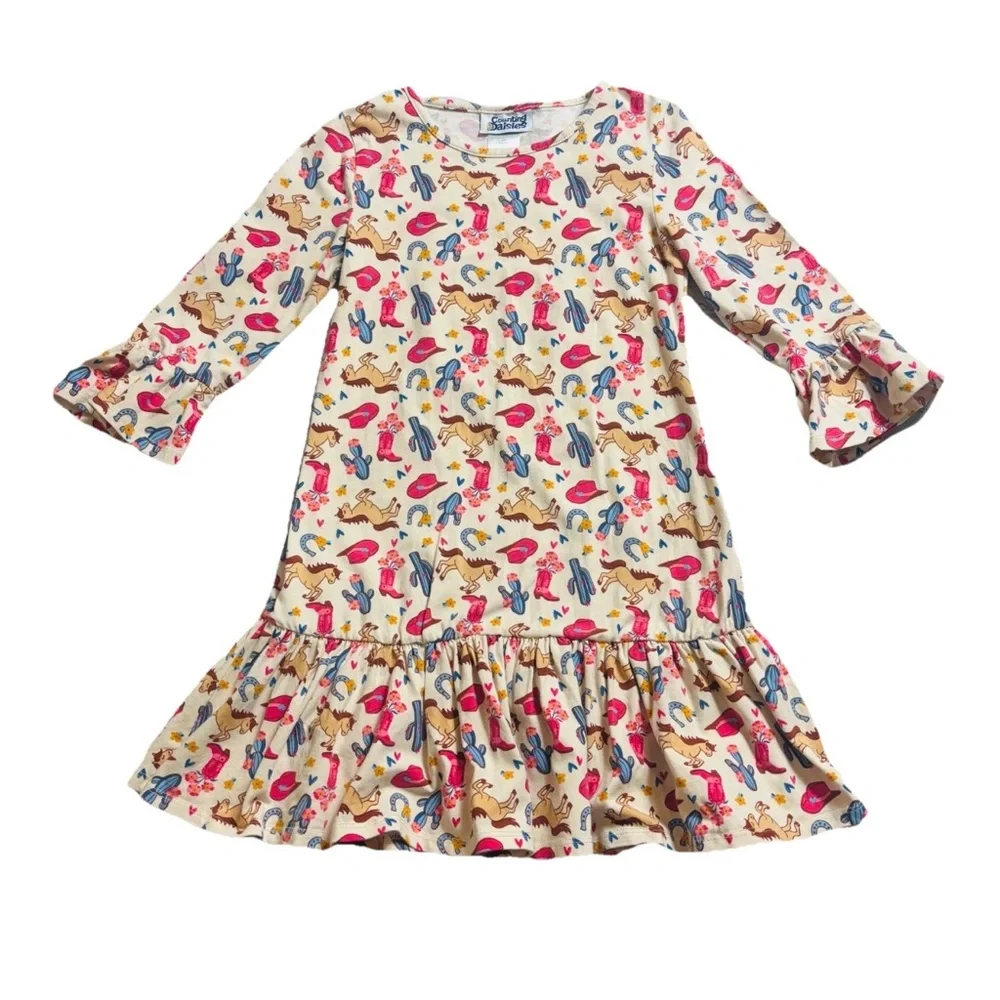 Counting Daisies Girl's Size 10 Dress Western Cowgirl Bell Sleeve Rodeo Horses